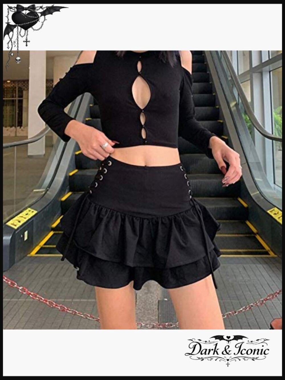 Black Lace Up Mini Skirt High Waist Goth Pleated Ruffle Y2k Punk Skater Skirt - Picture 5 of 6